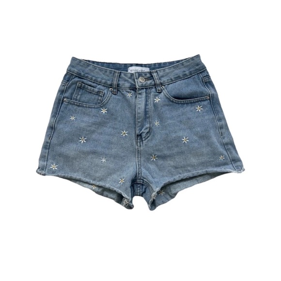 Khaki + Blue Daisy Cut Off Denim Shorts Women’s Juniors 3/26 Y2K Festival Jeans - Picture 2 of 10